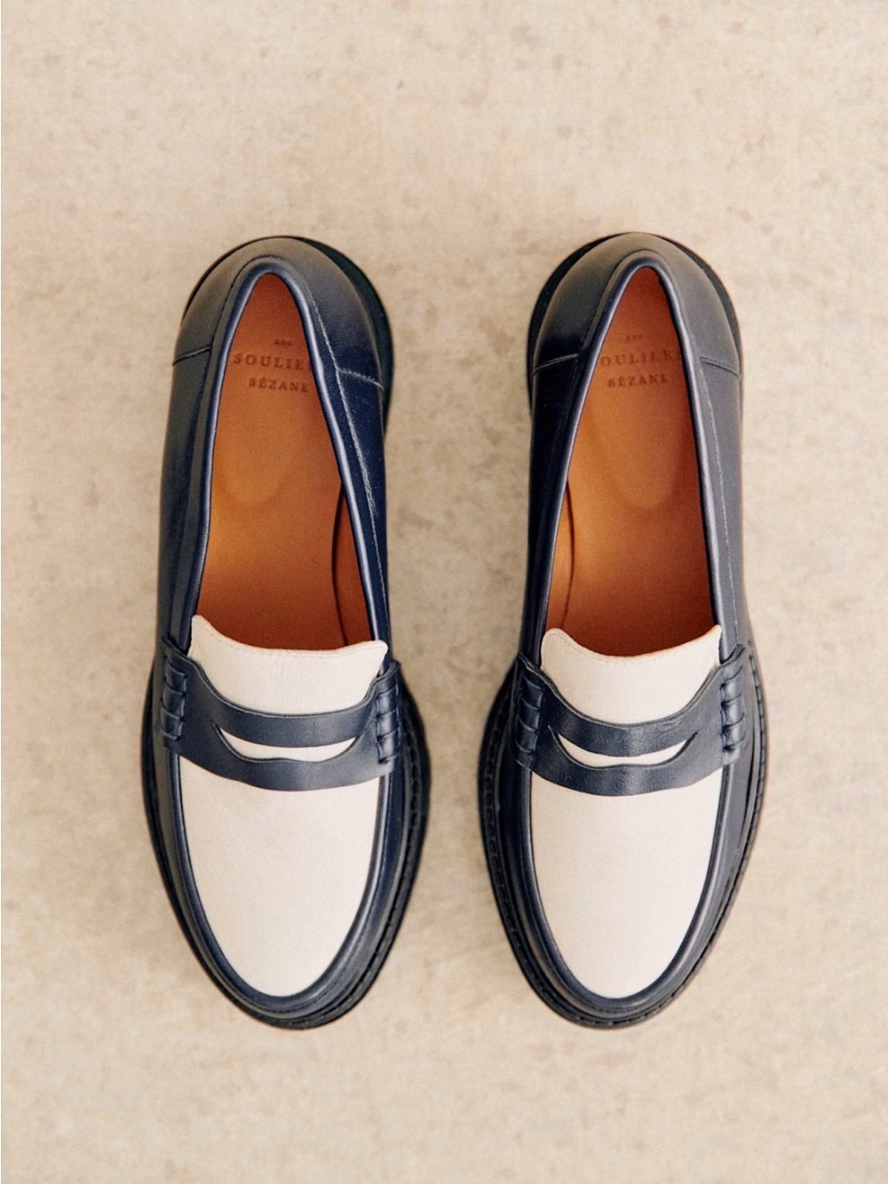 NIB- Sézane Albane Leather Loafers - Navy and Cream- SZ 7